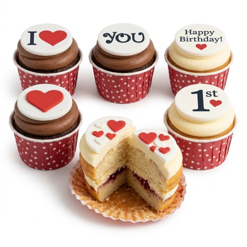 Cupcakes with red hearts, 'I love you', 'Happy Birthday' and '1st' toppers in polka dot cases.