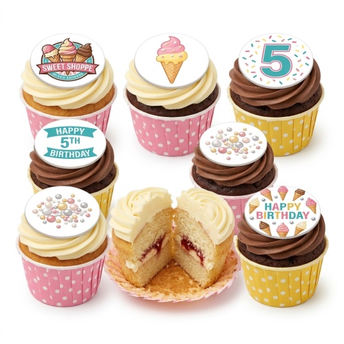Assortment of vanilla and chocolate cupcakes with ice cream and custom age birthday toppers.