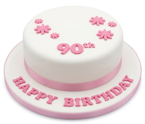 White round birthday cake with pink sugar flowers, pink ribbon, and 'Happy Birthday' message with age topper.