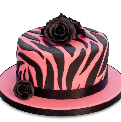 Round pink and black zebra print birthday cake with black sugar roses.