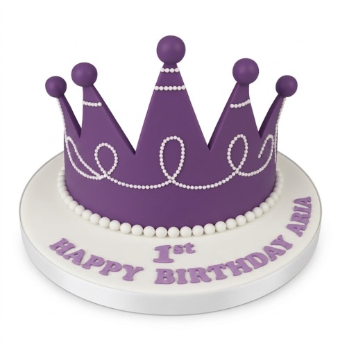 Purple crown birthday cake with white pearl details, on a white base with custom message.