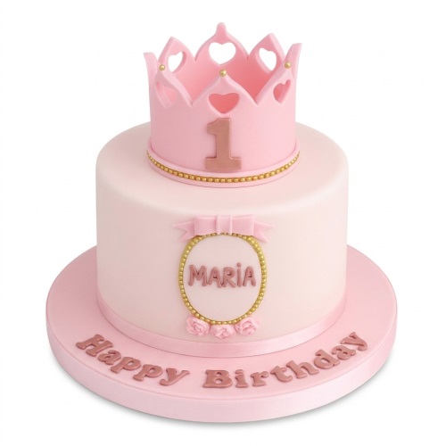 Pink princess crown birthday cake with gold details, personalised name plaque, and custom age topper.