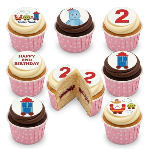 A set of In the Night Garden 2nd Birthday Cupcakes with Igglepiggle and Ninky Nonk toppers, in pink cases.