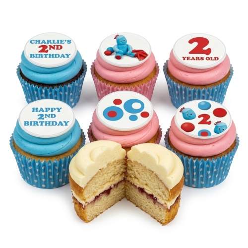 Six In the Night Garden themed cupcakes with Igglepiggle and character patterns, blue and pink frosting, with custom age and name toppers.