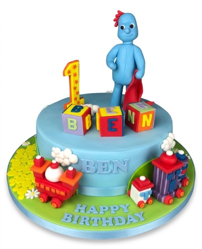 Blue In The Night Garden cake with Igglepiggle, number one topper, alphabet blocks and toy trains.
