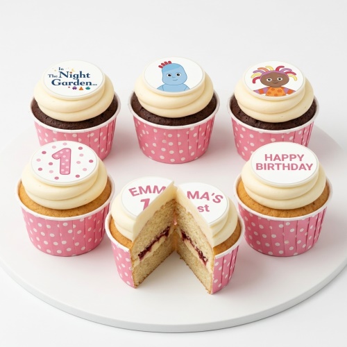 In The Night Garden themed cupcakes with Igglepiggle, Upsy Daisy, and custom age topper.