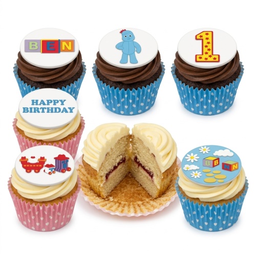 Assorted cupcakes with In The Night Garden Igglepiggle, number 1, train, and building block toppers.