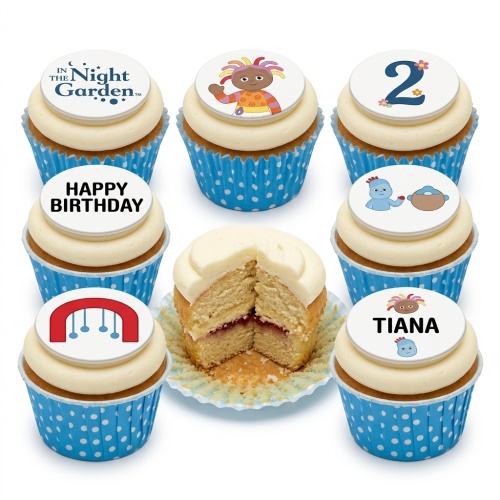 In The Night Garden themed birthday cupcakes with Igglepiggle, Upsy Daisy, and custom age topper.