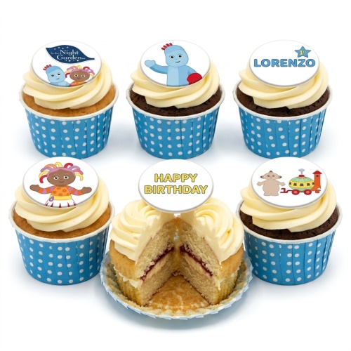 In the Night Garden themed cupcakes with Igglepiggle, Upsy Daisy, and Makka Pakka toppers in blue polka dot cases.