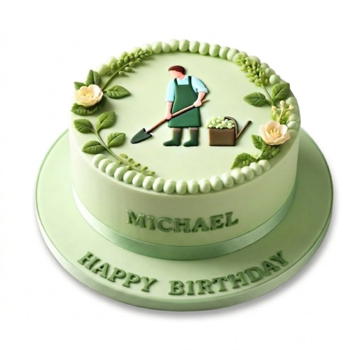 Round light green birthday cake with a fondant gardener, spade, watering can, and leafy decorations.
