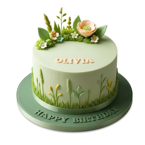 Round light green birthday cake with green foliage, peach and white flowers, and a grass border. A yellow butterfly is on the side, and 'Happy Birthday' is on the cake board.