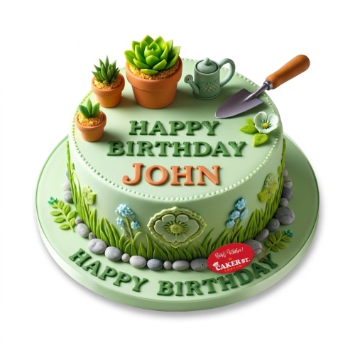 Green gardening theme birthday cake with potted succulents, watering can, and spade.