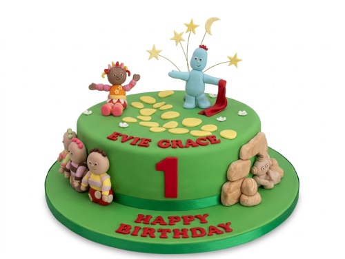 Green In the Night Garden birthday cake with Igglepiggle, Upsy Daisy, Tombliboos, Makka Pakka, stars, moon, and a custom age number.