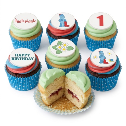 Igglepiggle In The Night Garden themed cupcakes with custom age and Happy Birthday message toppers, in blue polka dot wrappers.