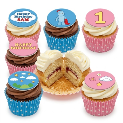 Assorted In The Night Garden cupcakes with Igglepiggle, clouds, stars, flowers, and custom age/name toppers.