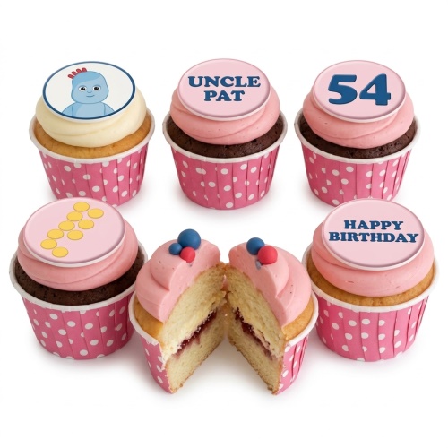 In The Night Garden Igglepiggle cupcake with pink frosting and polka dot wrappers, alongside custom birthday cupcakes.