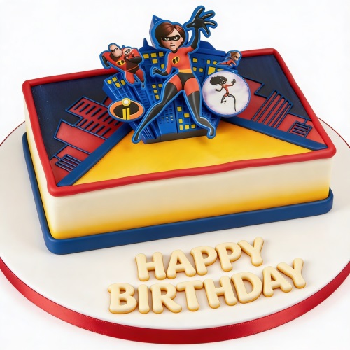 The Incredibles superhero birthday cake with characters and city skyline decorations.
