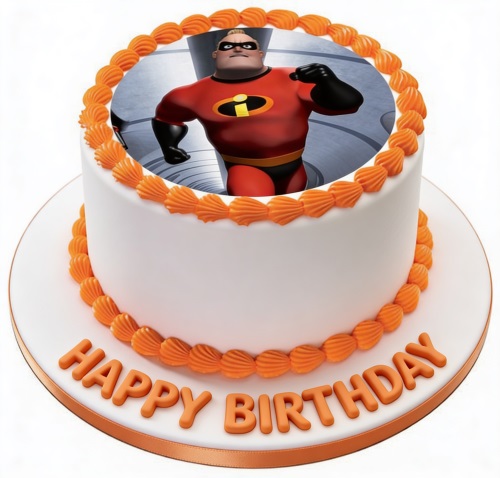 Round white birthday cake with an edible image of Mr. Incredible and orange shell piping.