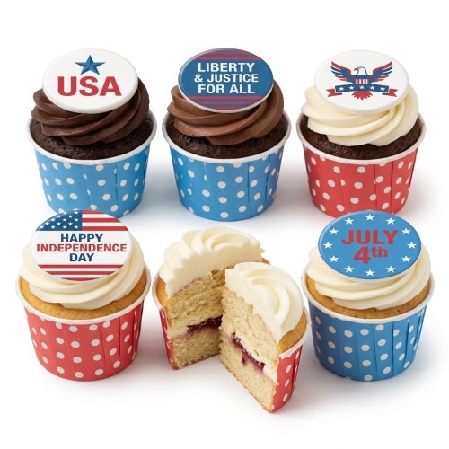Six American themed cupcakes with red, white, and blue patriotic toppers, some with chocolate and some with vanilla frosting.