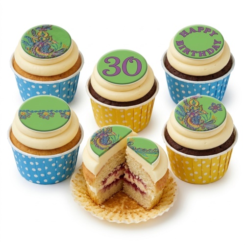 Six cupcakes with cream frosting and green edible toppers featuring paisley floral designs, one with 'Happy Birthday' and one with a custom age number.