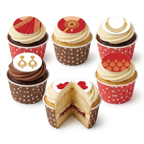 Cupcakes with cream frosting and edible toppers featuring red sarees, gold Indian jewellery, traditional patterns, and red roses.