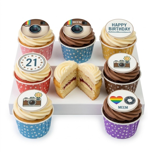 A selection of photography and social media themed birthday cupcakes with camera, Instagram, and custom age toppers.
