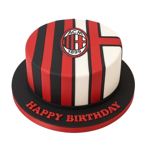 Round AC Milan football club birthday cake with red, black, and white stripes, featuring the club logo.