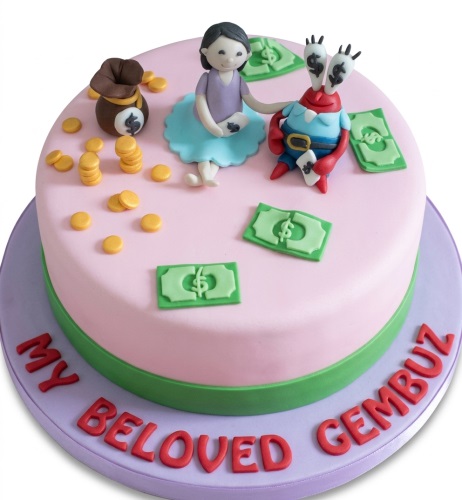 Round pink money theme birthday cake with Mr. Krabs, female figure, coins, and dollar bills.