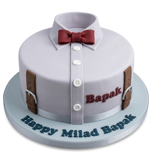 Round light grey shirt cake with red bow tie, white buttons, and brown belt details for a man's birthday.