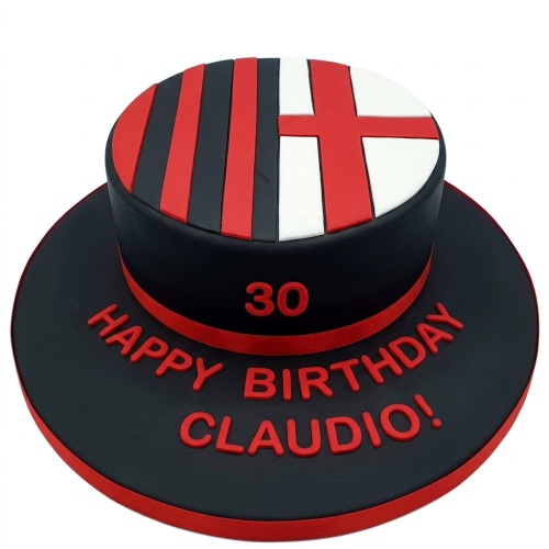 Round black hat-shaped birthday cake with red, black, and white stripes, featuring a custom age and personalised message.