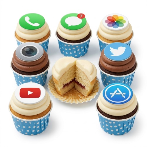 Cupcakes decorated with popular mobile app icons like WhatsApp, YouTube, and Twitter in blue polka dot cases.