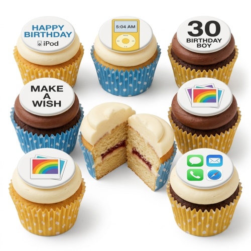 Assortment of technology-themed birthday cupcakes with iPod, app icons, and custom age topper.