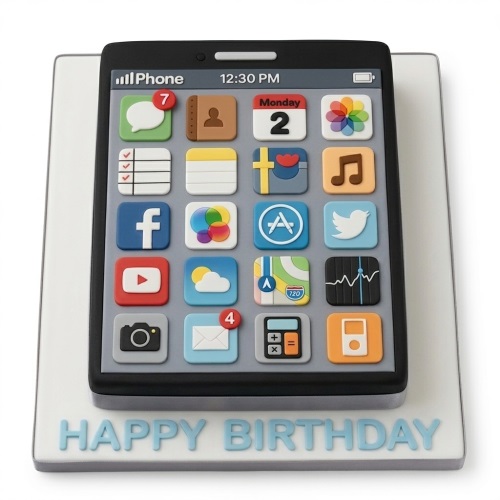 Rectangular cake shaped like a black iPhone with colourful app icons on the screen, on a white board with 'HAPPY BIRTHDAY' written in blue.