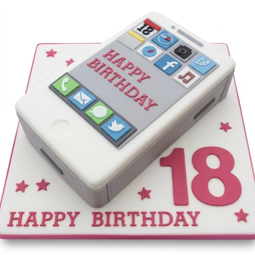 White and grey iPhone shaped birthday cake with colourful app icons and custom age '18' on a white board with pink stars.