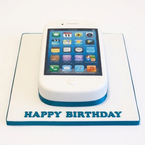 White smartphone-shaped birthday cake with a detailed app screen and 'Happy Birthday' message on the board.