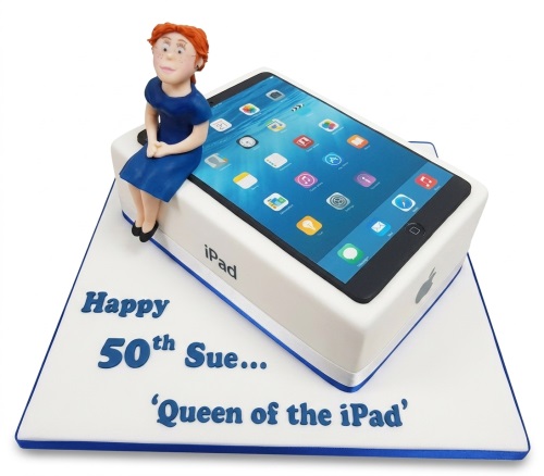 3D iPad birthday cake with a female figurine, custom age, and personalised message on the board.