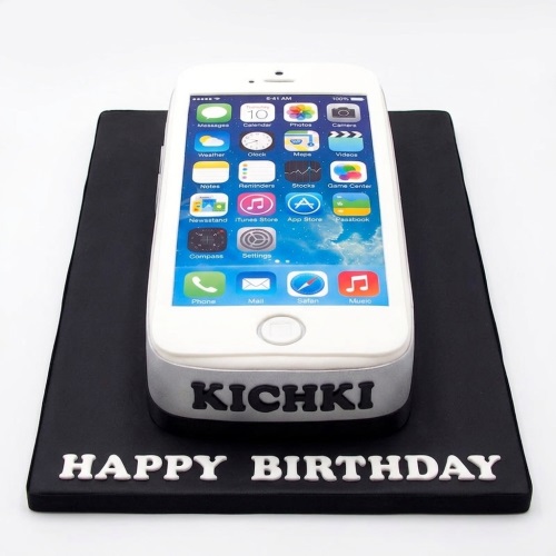 White iPhone shaped birthday cake on a black cake board with a custom message.