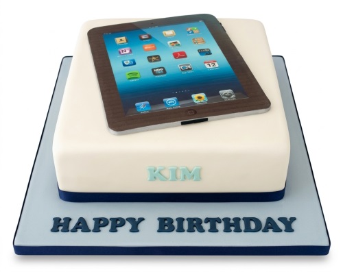White square birthday cake with an edible iPad image and custom name.