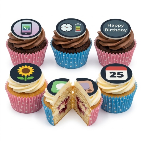 Six cupcakes with app-themed and sunflower toppers, including a custom age calendar icon and a 'Happy Birthday' message.