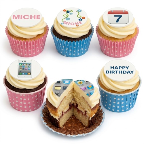 A selection of vanilla and chocolate cupcakes with white frosting and smartphone-themed edible toppers, including app icons and a custom age calendar.