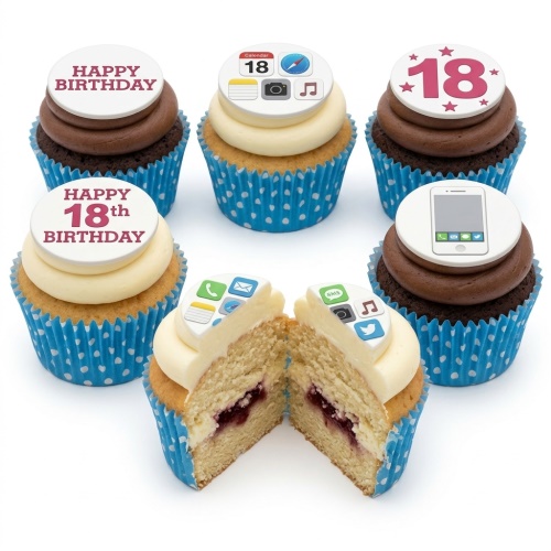 Birthday cupcakes with smartphone app icon toppers and a custom age message.