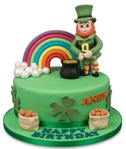 Green leprechaun birthday cake with rainbow, pot of gold, shamrocks, and potato sacks.