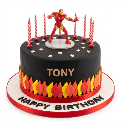 Round black fondant cake with Iron Man topper, flame decorations, and red candles.