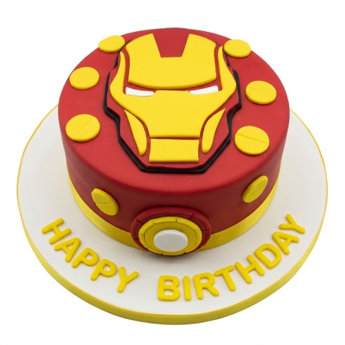 Round red and yellow Ironman birthday cake with 'Happy Birthday' message.