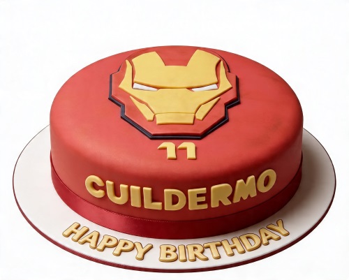 Red round Iron Man birthday cake with gold mask, custom age, and personalised name.