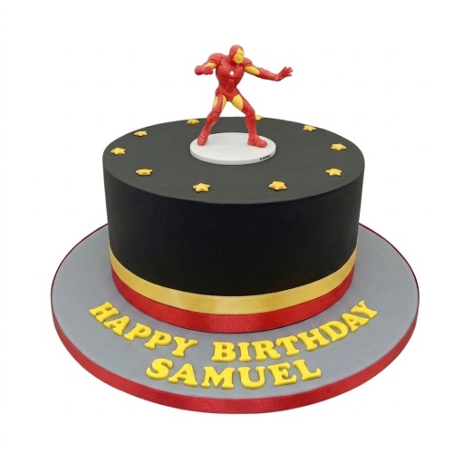 Round black Iron Man birthday cake with red and gold ribbon, yellow stars, and a custom message.