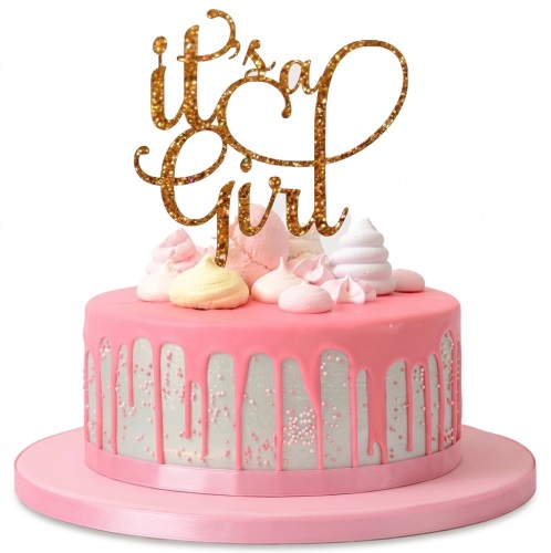 Pink drip cake with 'It's a Girl' gold glitter topper and pastel meringues.