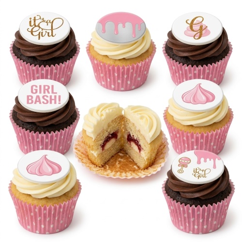 Assortment of 'It's a Girl' themed cupcakes with pink and gold decorations for a baby shower.