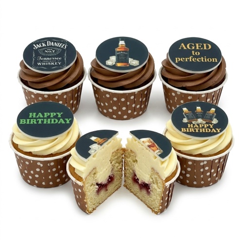 Jack Daniels themed birthday cupcakes with whiskey bottle and 'Aged to Perfection' toppers