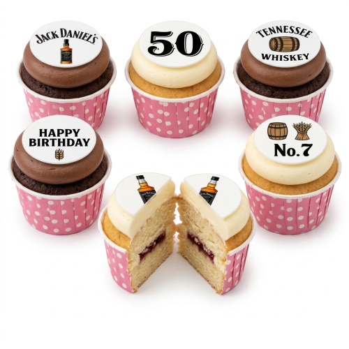Selection of whiskey themed cupcakes with Jack Daniel's bottle, barrel, custom age topper, and Happy Birthday message.
